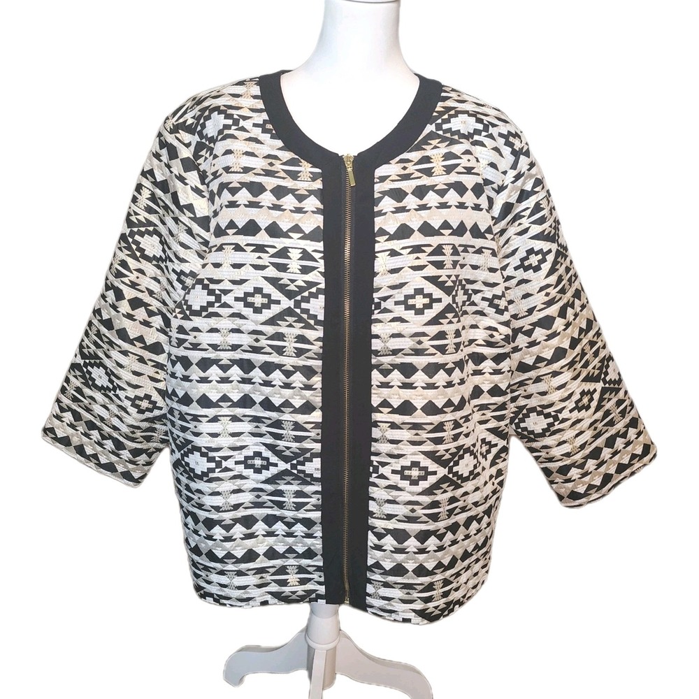 Roz & Ali Blazer Jacket Womens‎ 3X Gold Black Jacquard Zip Front Tribal Career